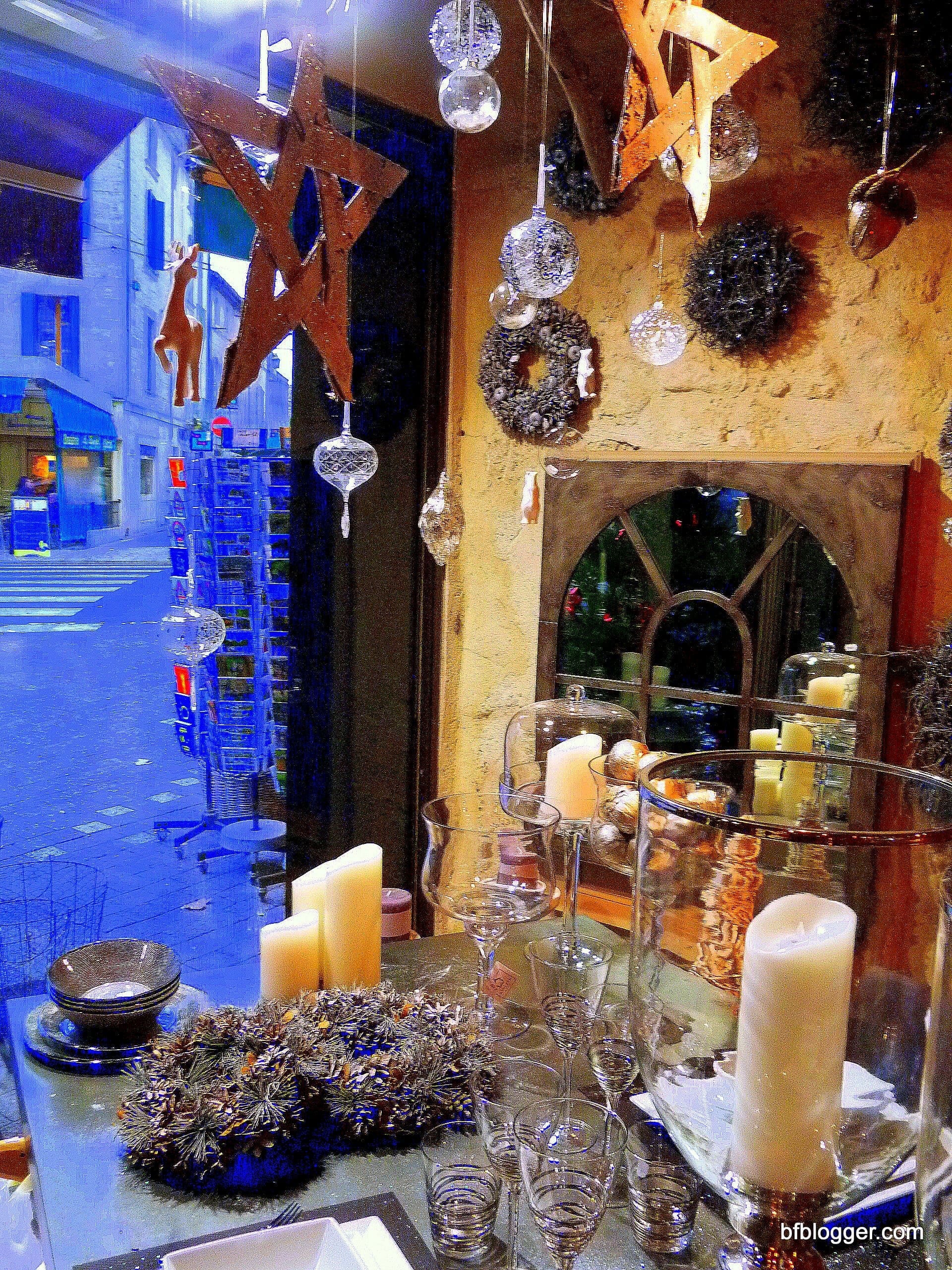 Table toppers and other festive decorations fill store windows at Atzana