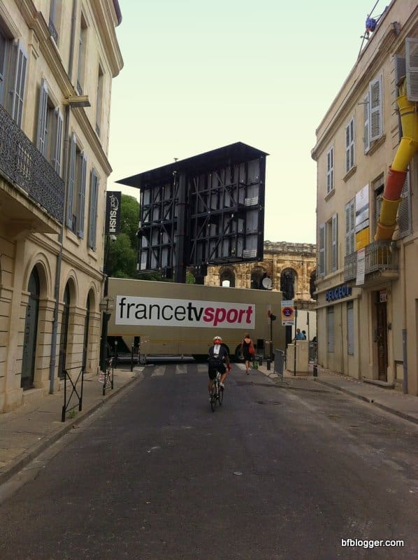 Setting up the Tour de France finish line in Nimes on Sunday morning