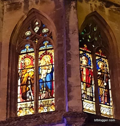 Stain glass windows to the Chapel des Duche upclose.