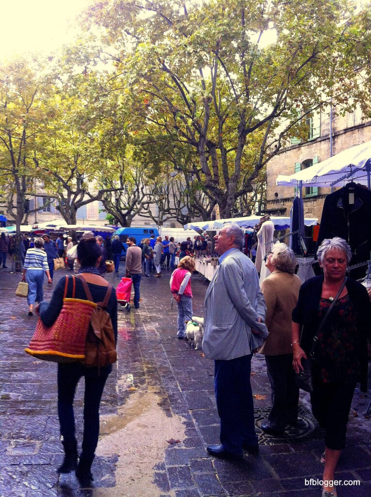 A few shoppers wandered around the usually busy Saturday Market in Uzes