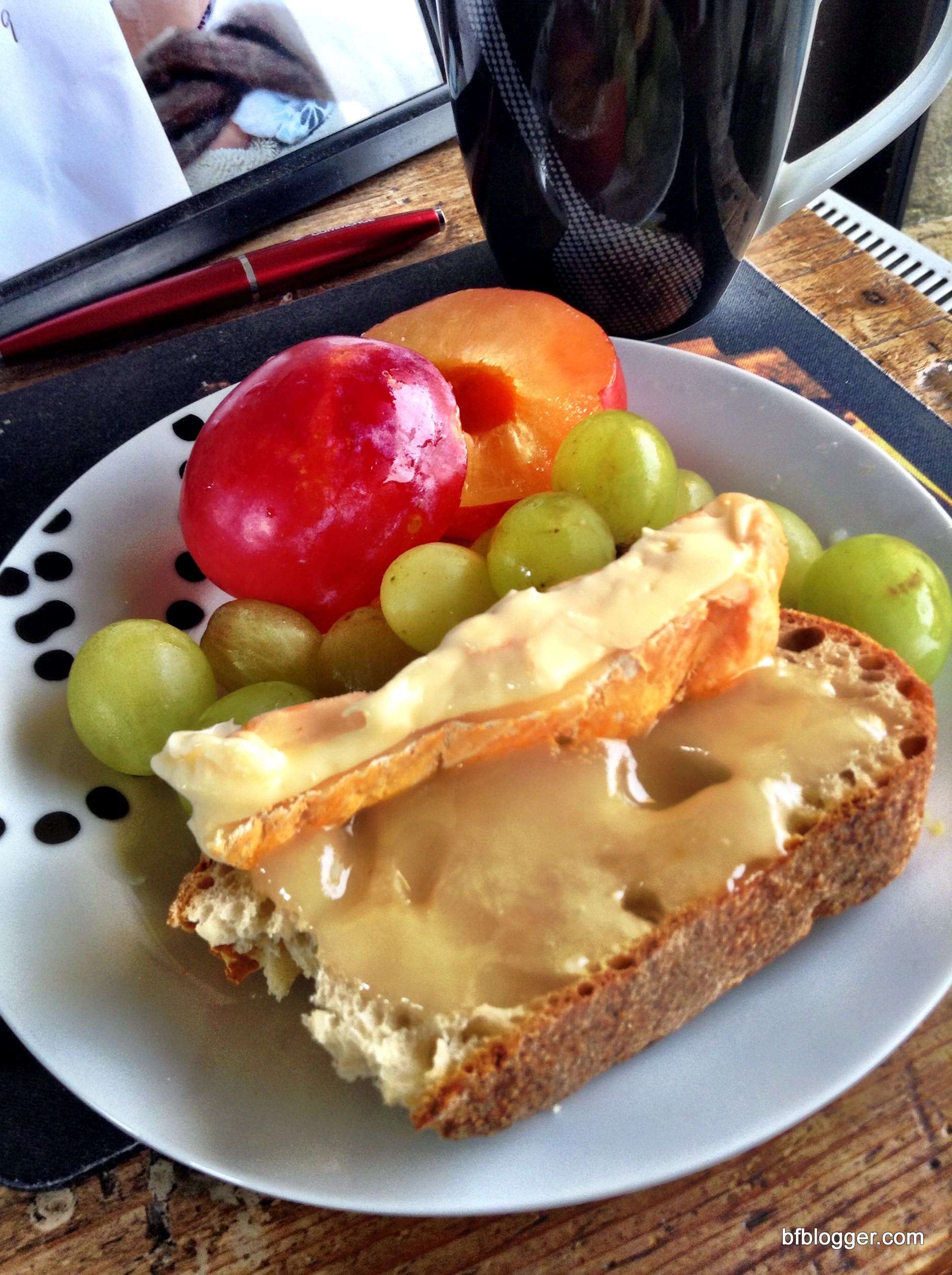 Fresh Fruit, Brie and Lavender Honey on Crusty French Bread for Lunch! 