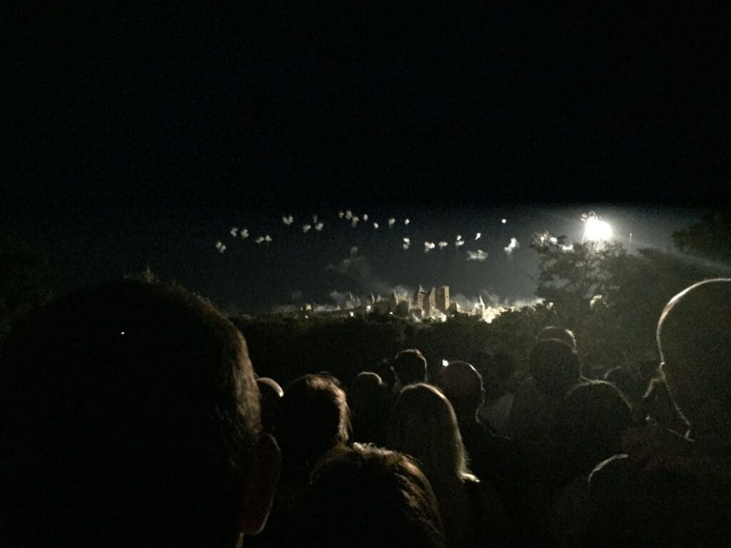 Fireworks over the walled city of Carcassonne on Bastille Day